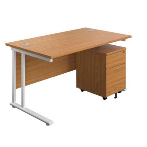 1400X800 Twin Upright Rectangular Desk Grey Oak-Silver + Mobile 2 Drawer Ped